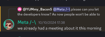 Screenshot on Discord of Meta saying "we already had a meeting about it this morning" as a response to YUMmy_Bacon5's message